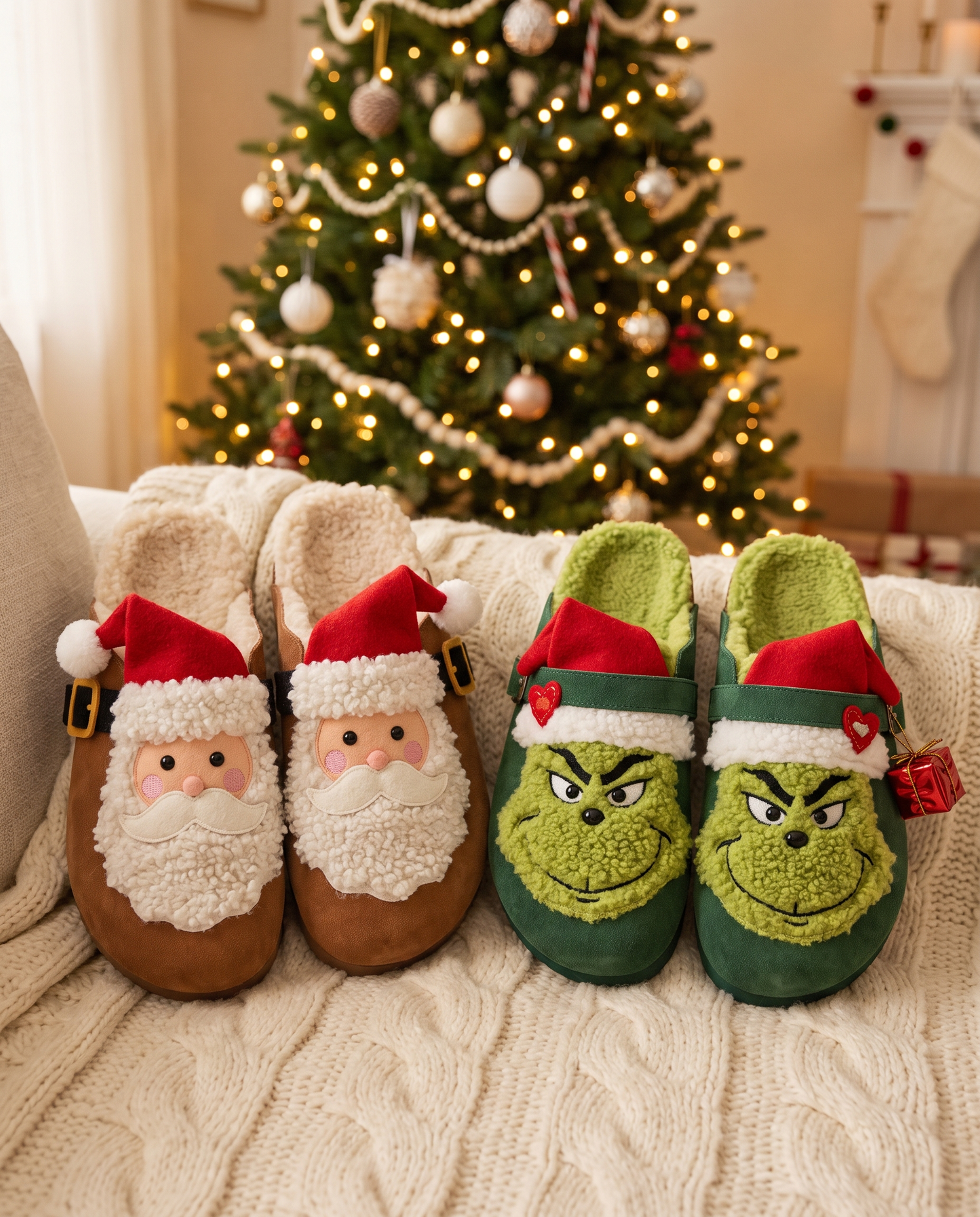 Naughty and Nice Pair: Santa Clogs and Green Meanie Clogs side by side
