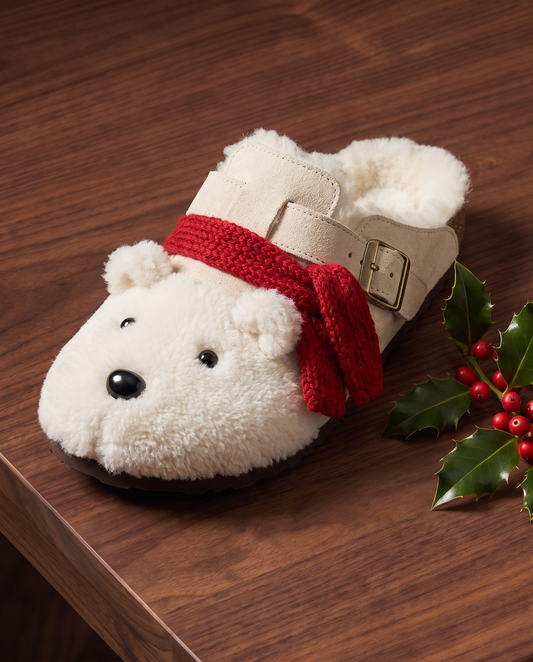 Polar Bear Clog, a cream shearling clog with a white polar bear face and a red knit scarf