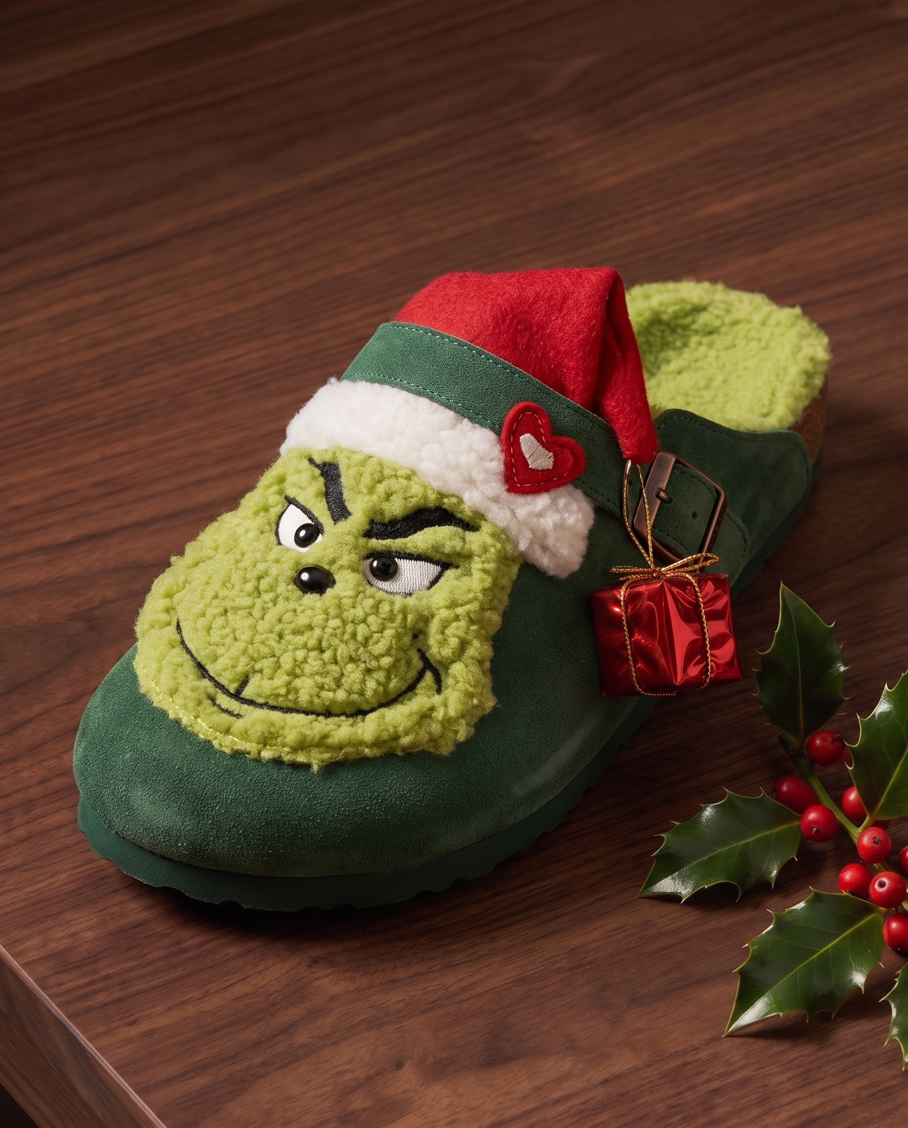 Green Meanie Clog, a forest-green shearling clog with a lime grumpy face and a Santa hat