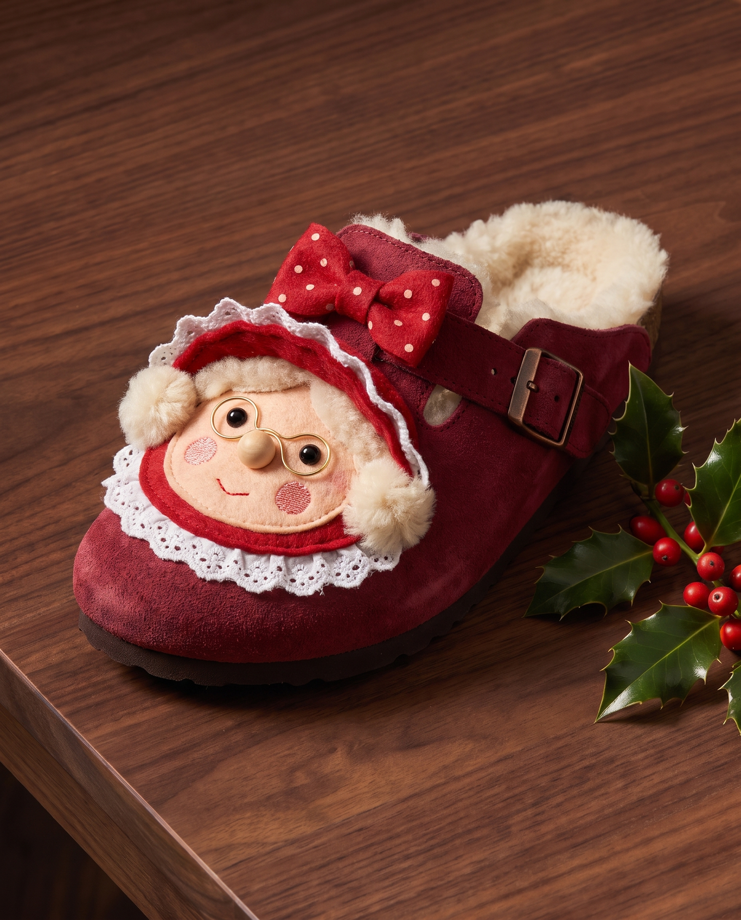 Mrs. Claus Clog, a cranberry shearling clog with a Mrs. Claus face, lace bonnet and polka-dot bow