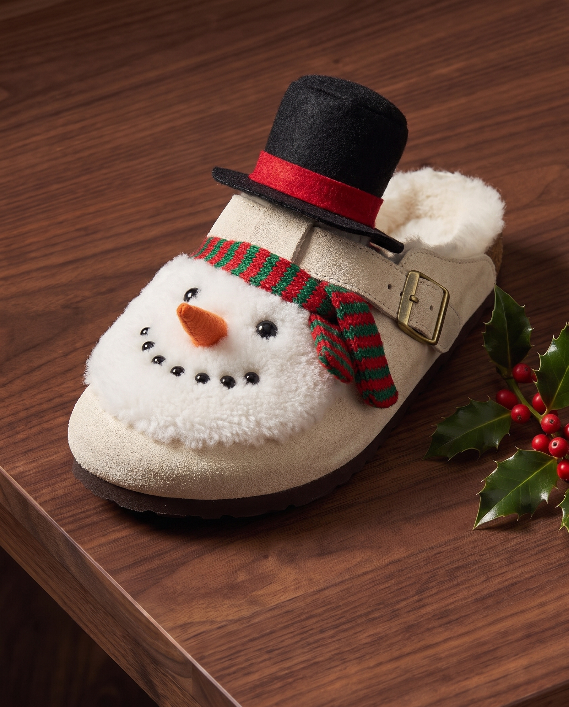 Snowman Clog, a cream shearling clog with a top hat, carrot nose and knit scarf