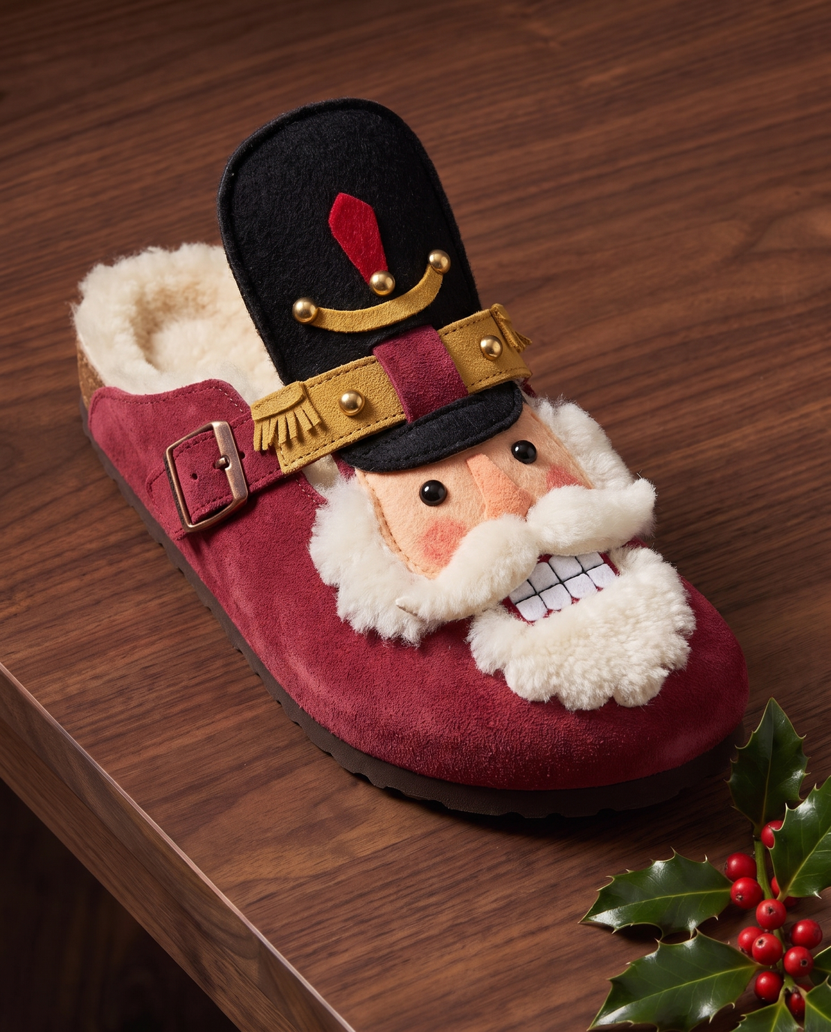 Nutcracker Clog, a cranberry shearling clog with a tall hat, mustache and gold epaulettes