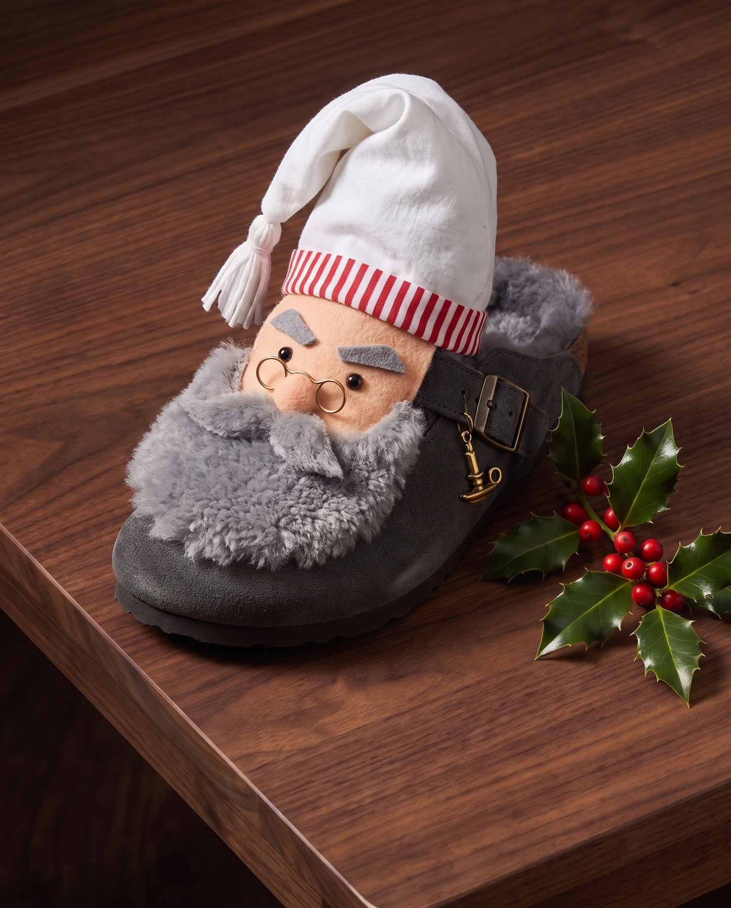 Scrooge Clog, a charcoal shearling clog with a nightcap, grey beard and spectacles