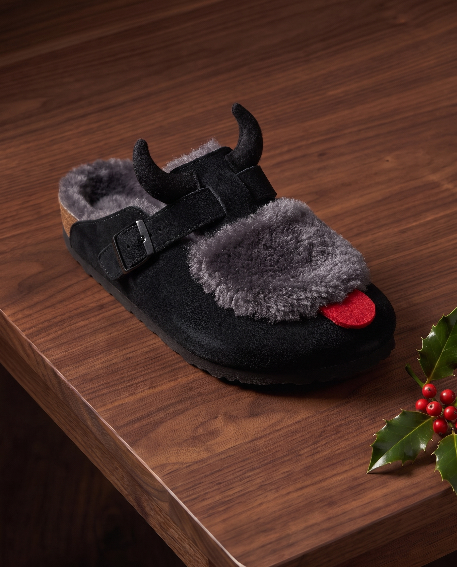 Krampus Clog, a black suede clog with charcoal shearling, felt horns and a red tongue