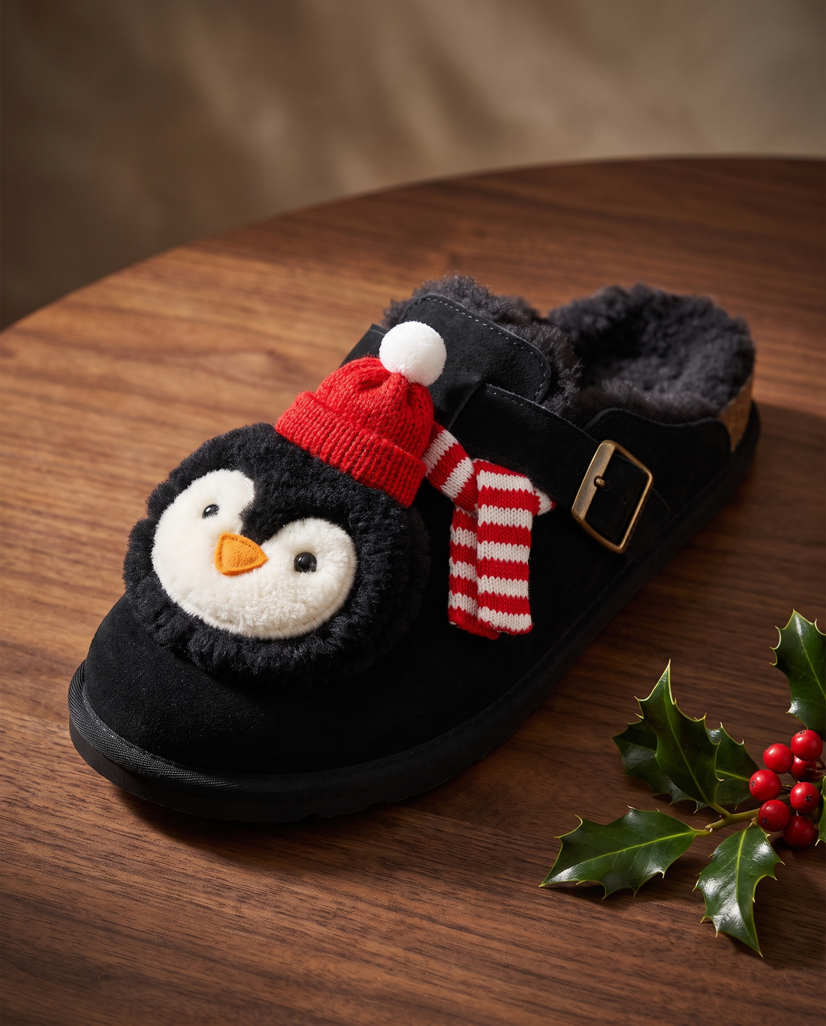 Penguin Clog, a black shearling clog with a penguin face, orange beak and red beanie