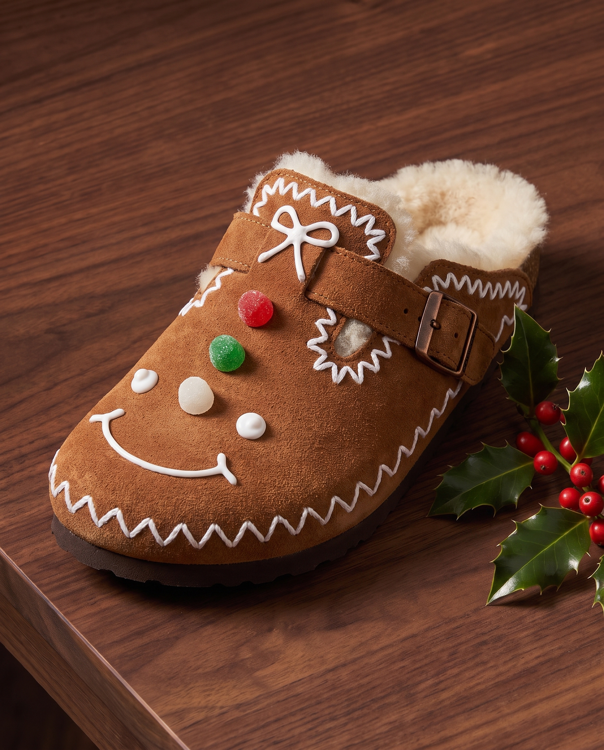 Gingerbread Clog, a cinnamon shearling clog with icing trim and gumdrop buttons