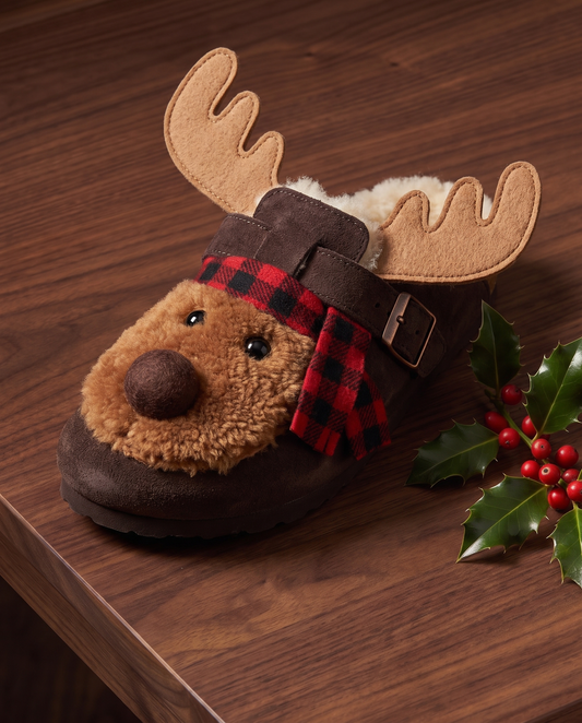 Moose Clog, a dark-brown shearling clog with wide felt antlers and a buffalo-plaid scarf