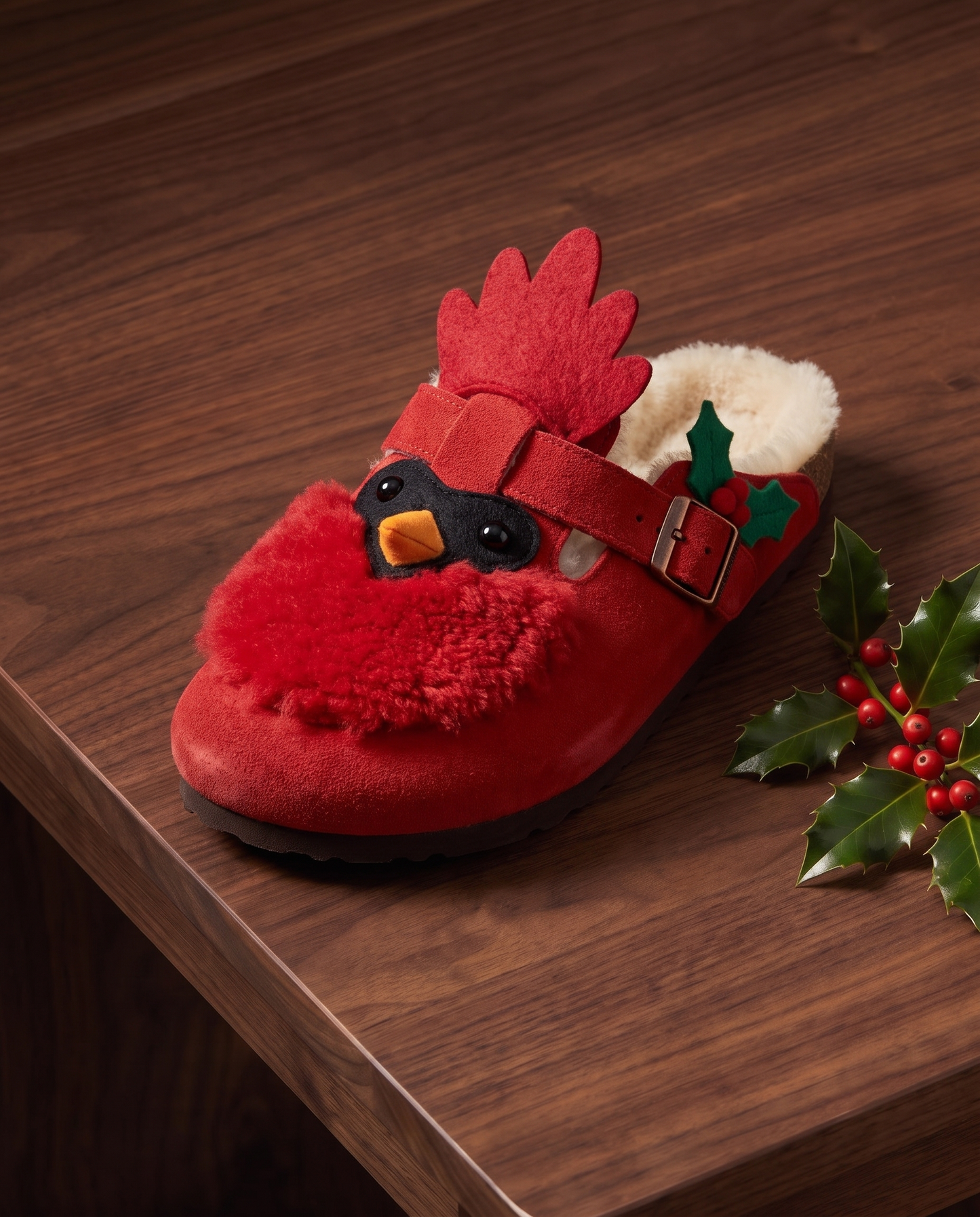 Cardinal Clog, a bright red shearling clog with a cardinal crest, black mask and holly
