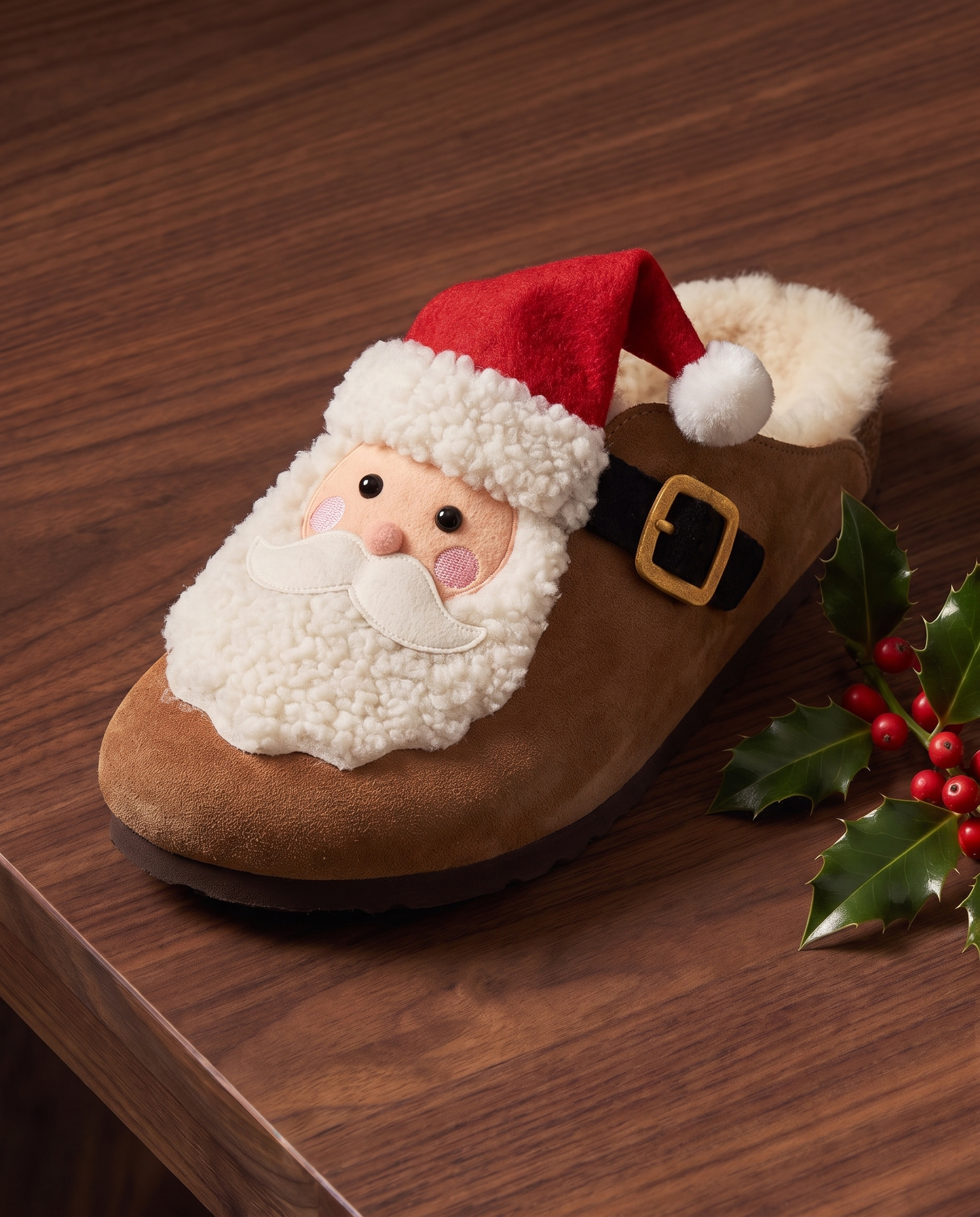Santa Clog, a cognac shearling clog with a Santa face, red hat and curly beard on the toe